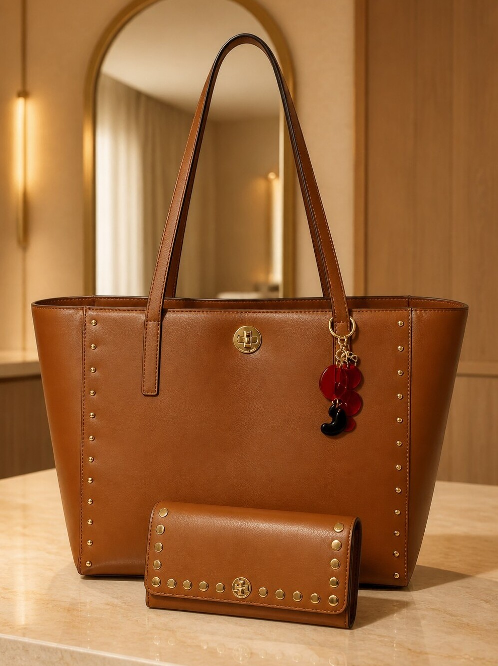MICHAEL KORS 3 PC STUDDED TOTE & WALLET SET w/MK CHARM